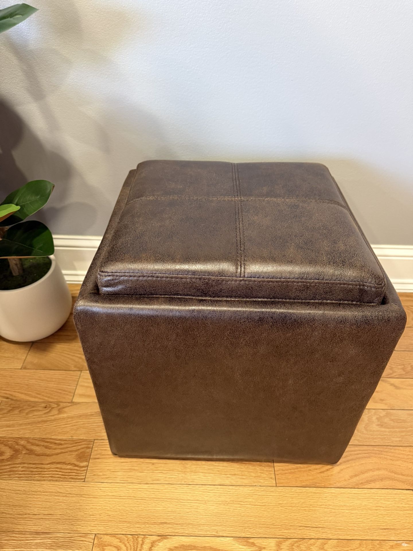 Brown Faux Leather Storage Ottoman with Tray Top
