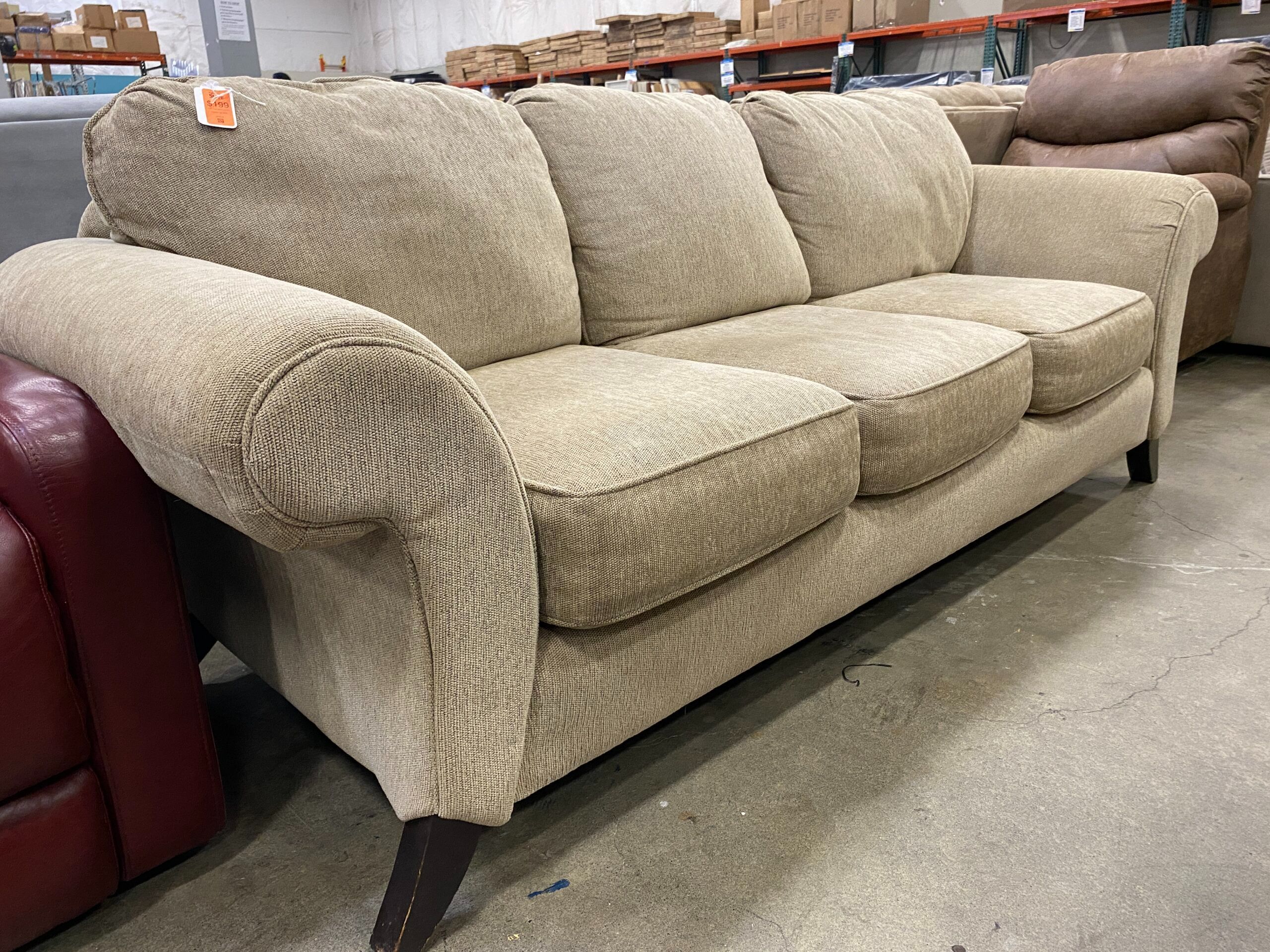 Greige Upholstered Roll Arm Sofa