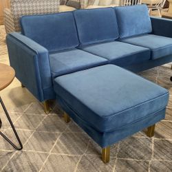 NEW Blue Velvet gold Accent Sofa 