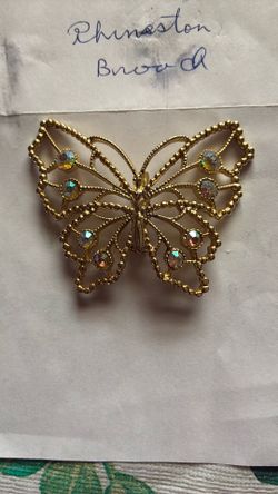 Vintage Rhinestone Butterfly  Gold Pin