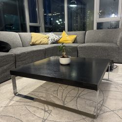 Modern Low Profile Square Coffee Table – Black Wood & Metal – 36”x36”x12”