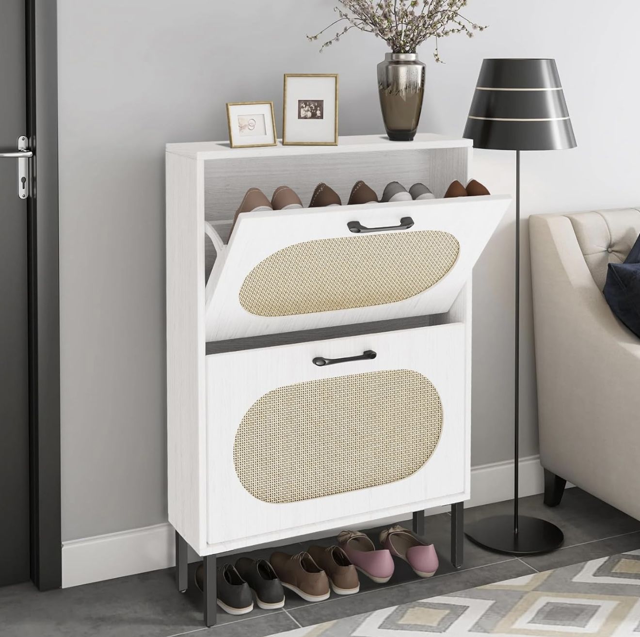 New Shoe Storage Cabinet with 2 Flip Drawers, Freestanding Narrow Shoe Rack Organizer for Entryway