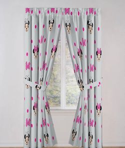Jay Franco Black Out Window Curtains for Kids Bedroom 4-Piece Drape Set with 2 Tiebacks, Grey - Minnie Mouse, 42" W x 84" L (Pack of 2)