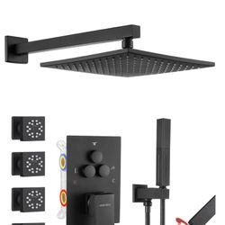 Shower Faucet Set Matte Black Shower System,Push Button Diverter Shower Faucet with 2 in 1 Handheld,Ceiling/Wall Mount 10 Inch Shower Head