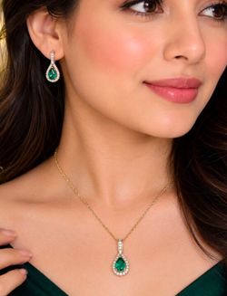 R.H. Macy 14K Gold Over Silver Emerald & Diamond Necklace Earring Set NIB