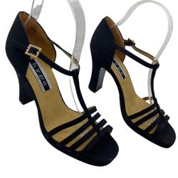 Hype Heeled Black Satin T-Strap Heeled Sandals Heels Sandal Heel, size 7.5