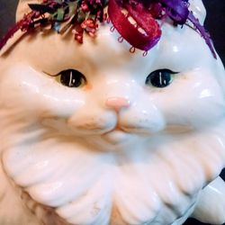 Vintage MCM Ceramic Reclining White Large Persian Cat with Vintage Flower Ribbon Bow