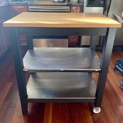 Kitchen Island With 2 Tiers Storage Shelf Black & Oak& Stainless steel 