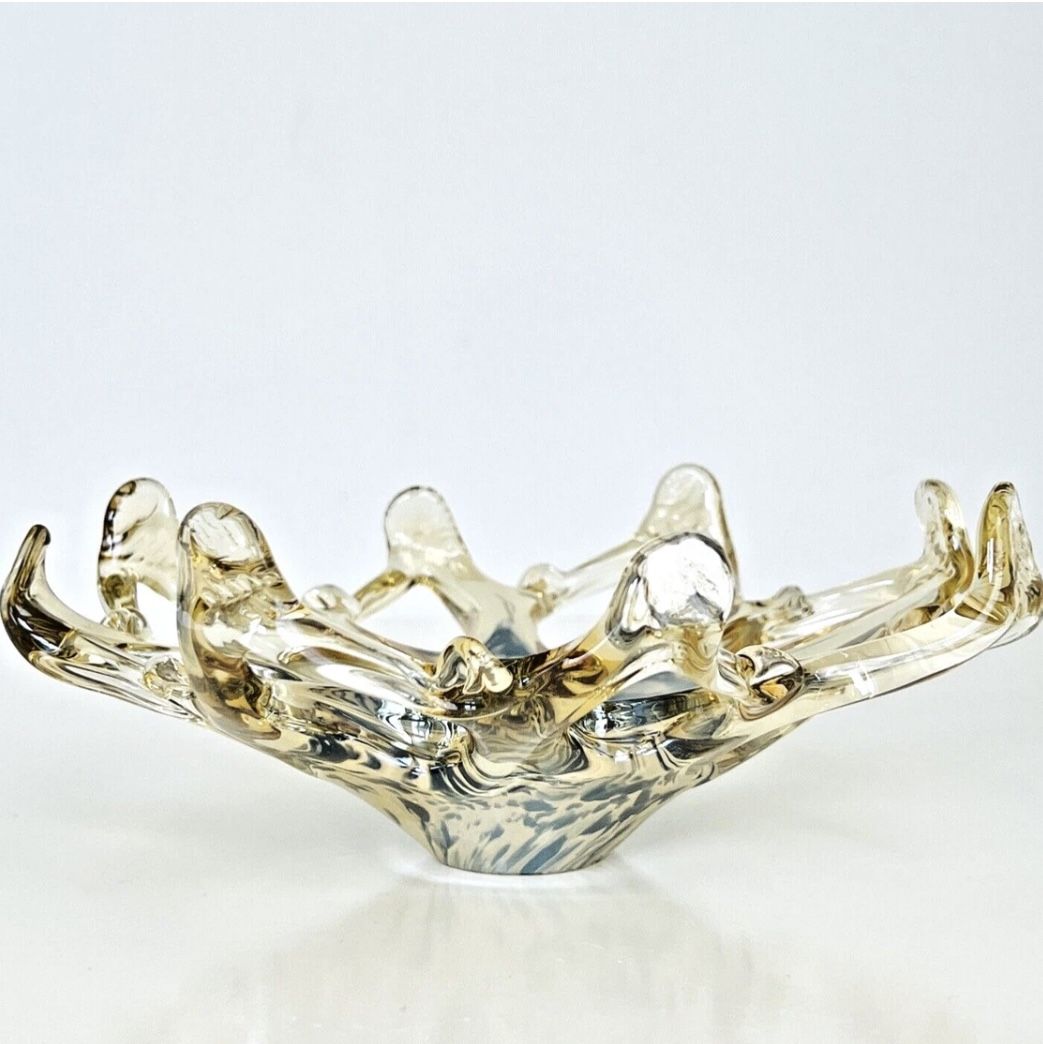 Murano Style Art Glass Votive Candle Holder or Ashtray Halloween Web Look 8” W