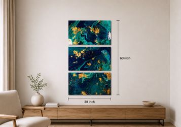 Modern Abstract 3-Piece Canvas Wall Art – Blue, Teal & Gold – 39” × 63”