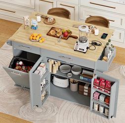Rolling Kitchen Island with Trash Can Storage, Portable Kitchen Island Cart on Wheels with Drop Leaf