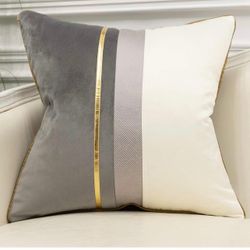 BRAND NEW IN BAG Set of 2 Avigers 18” x 18” Gray White Gold Leather Striped Patchwork Velvet Cushion Case Luxury Modern Throw Pillow Covers Decorative