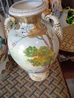 Large Hand-Painted Porcelain Urn Vase with Gold Detail