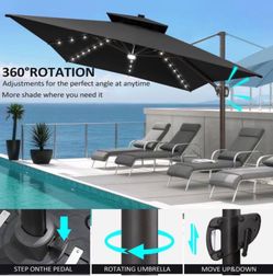 Double Top 13.5 ft. x 10 ft. 360°Rotation Solar LED Lighted Cantilever Patio Umbrella in Black