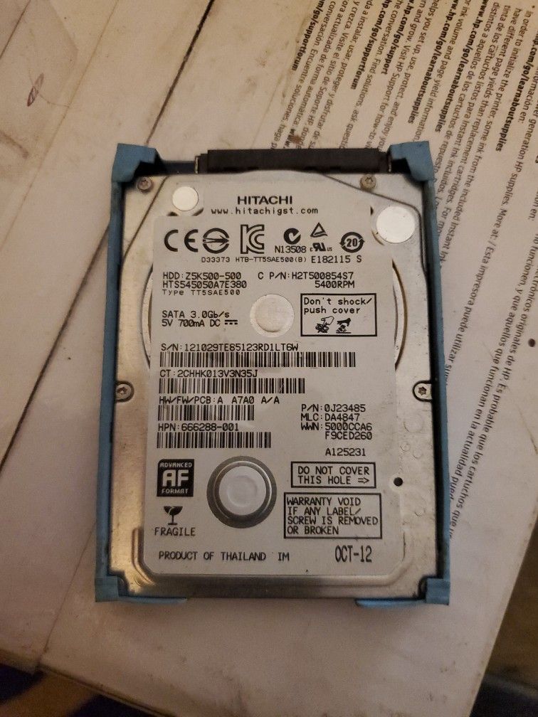 2.5 In Laptop Hard Drive. 500 Gig.