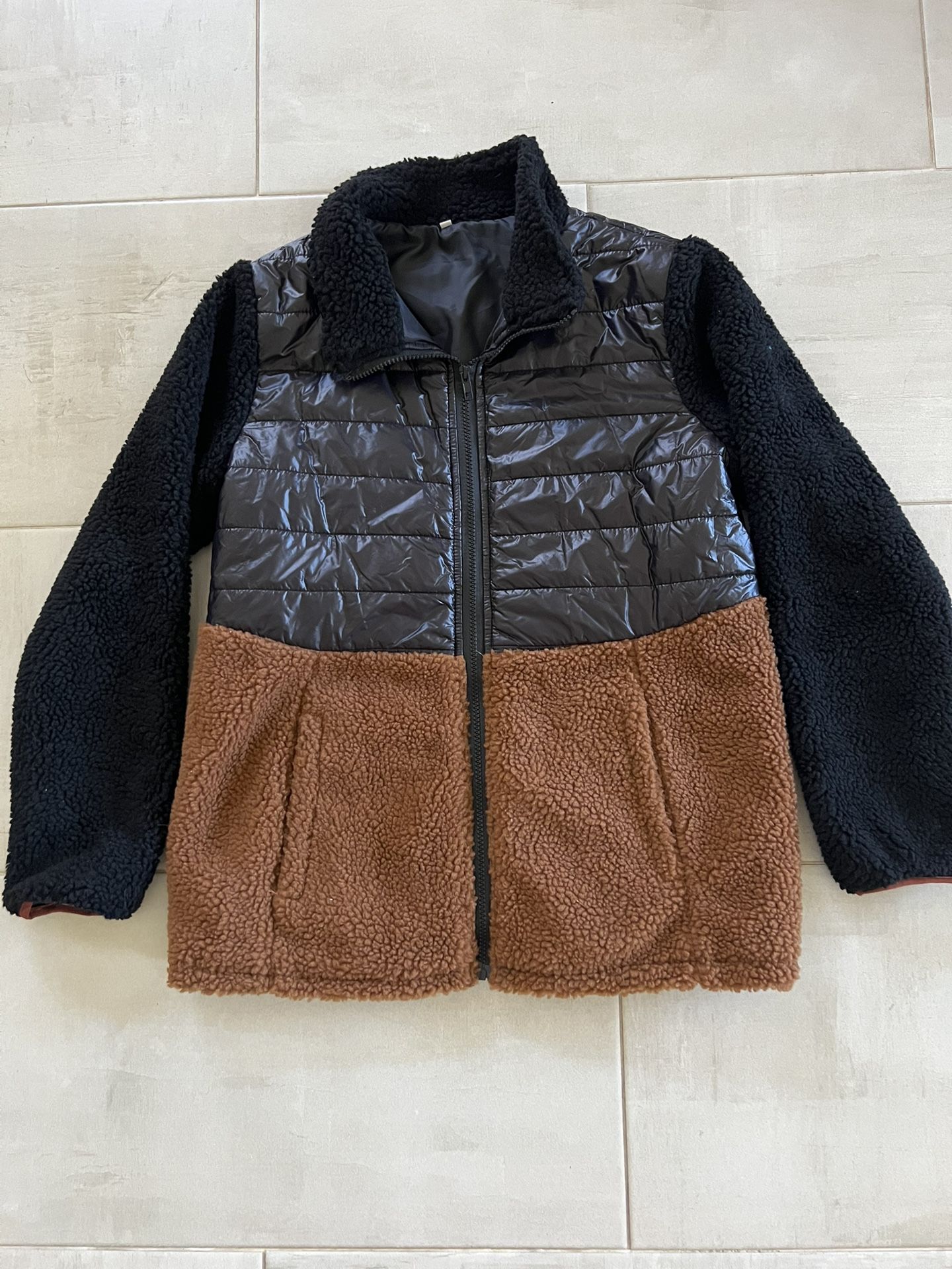 Puffer & Sherpa Full Zip-up Puffer Jacket Womens Size Small-Black & Camel Colored