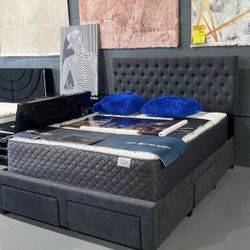 NEW QUEEN BED GRAY FABRIC WITH DRAWERS