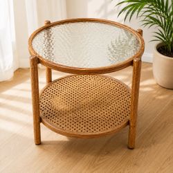 Modern Round Side Table | Glass Top & Rattan Shelf | Boho / Mid-Century Style