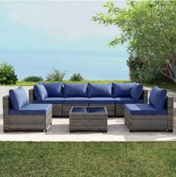 6 Person Wicker Patio Sectional Set w/ Cushions