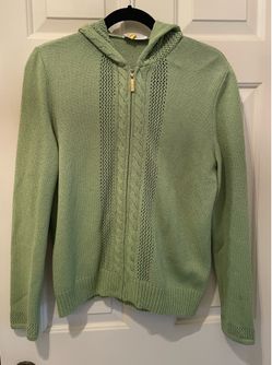 St John Sport Green Knit Zip Up Hoodie Sweater Cable Open Stitch Santana Medium