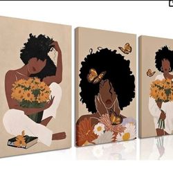 3Pcs Black Woman Wall Art Boho Black Girl Sunflower Posters Pictures
