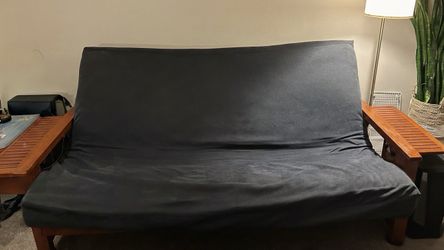 Wood Futon with Navy Mattress, Queen Size, Converts to Bed