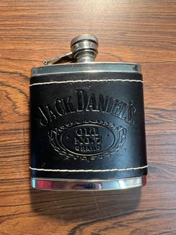 2009 Jack Daniel's "Old No 7" Brand Stainless Steel Leather Wrapped 5 oz Flask 
