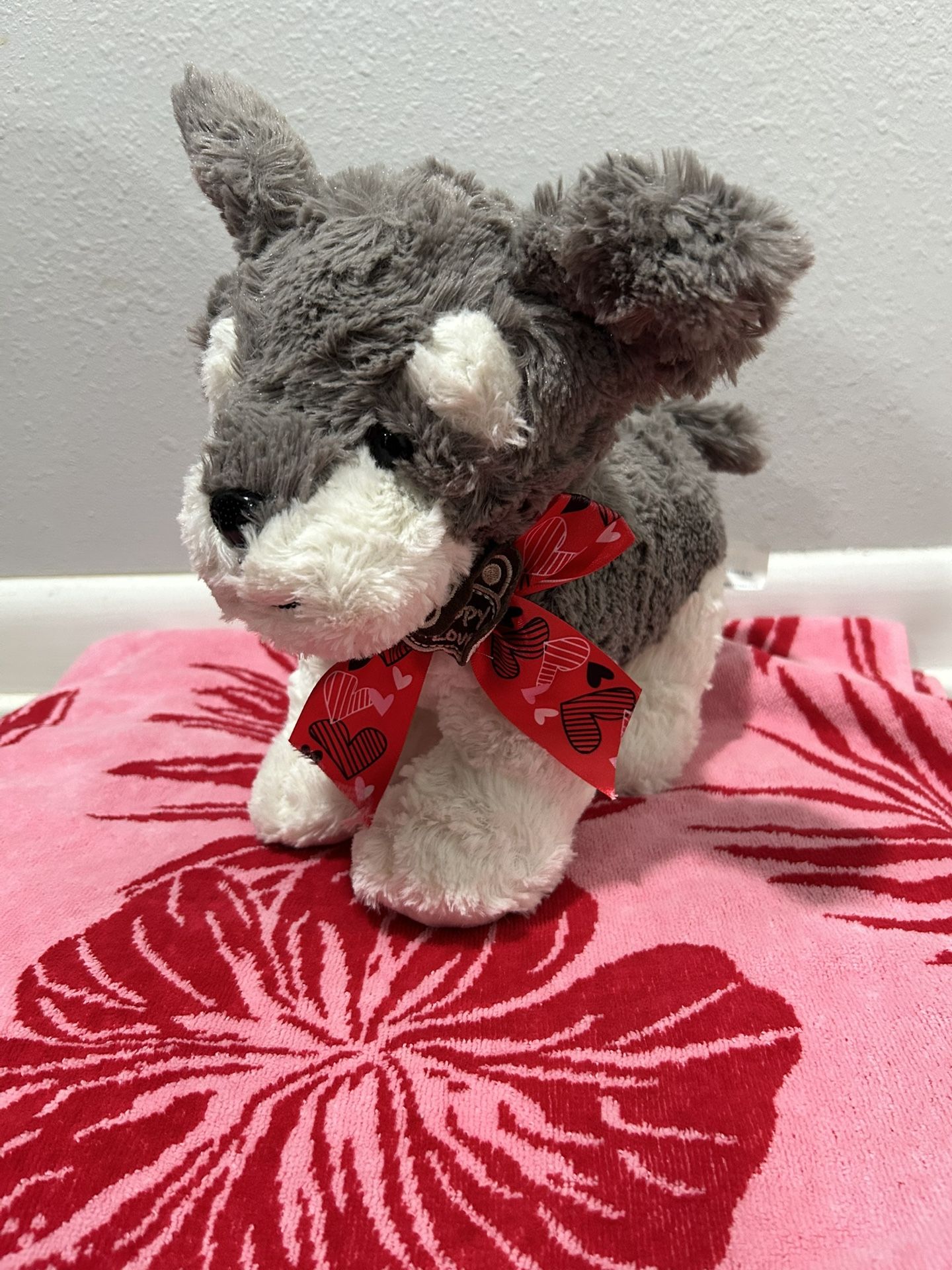 NWT Plush Puppy Love Grey Dog Heart Bow Stuffed