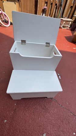 white wooden two-step stool with built-in storage