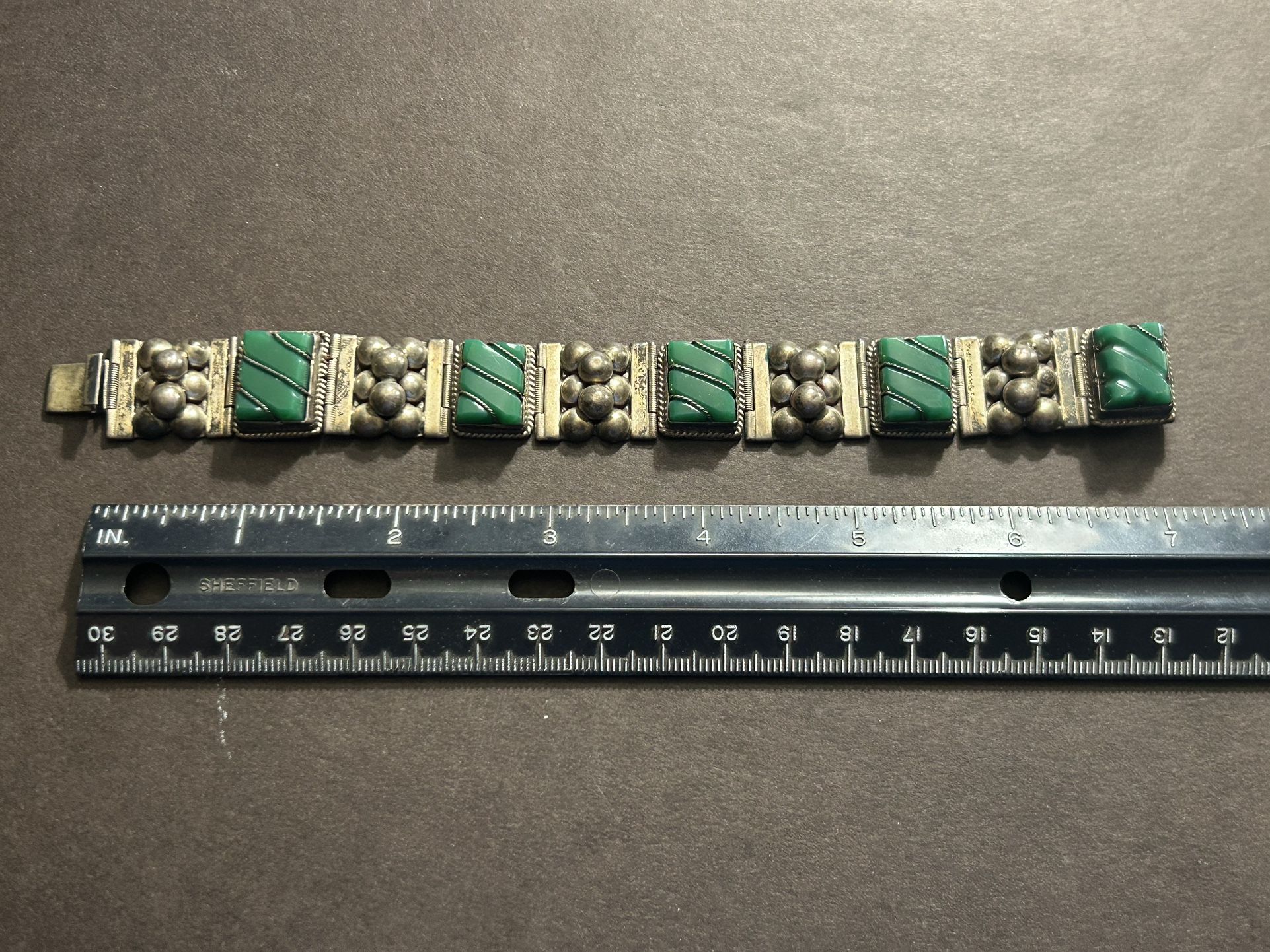 Vintage Mexico Sterling Silver & Jade Panel Link Bracelet 41 Grams Original Owner In Excellent Condition