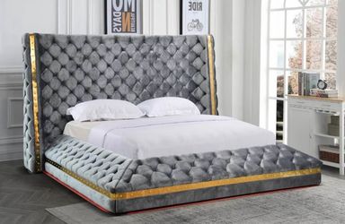 Gray velvet tufted bed frame Gold accents