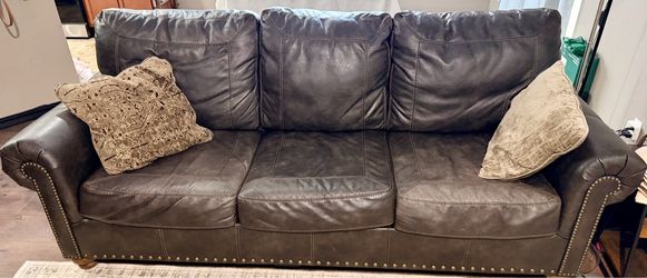 Dark Brown Leather Sofa with Nailhead Trim