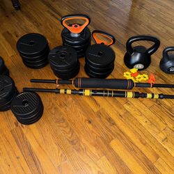 Adjustable Dumbbell & Barbell Weight Set + 2 Kettlebells