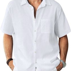 KYKU Men's Cotton Linen Shirts Casual Men Short Sleeve Button Down Beach Wedding Summer Shirts, Relaxed Fit, with Pocket 