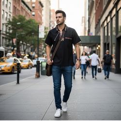 Men's Mexican Traditional Guayabera Button Up Collared Shirt, Black,Formal Style