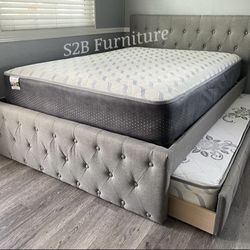 Full twin grey Frenchi trundle bed with ortho mattress included !!