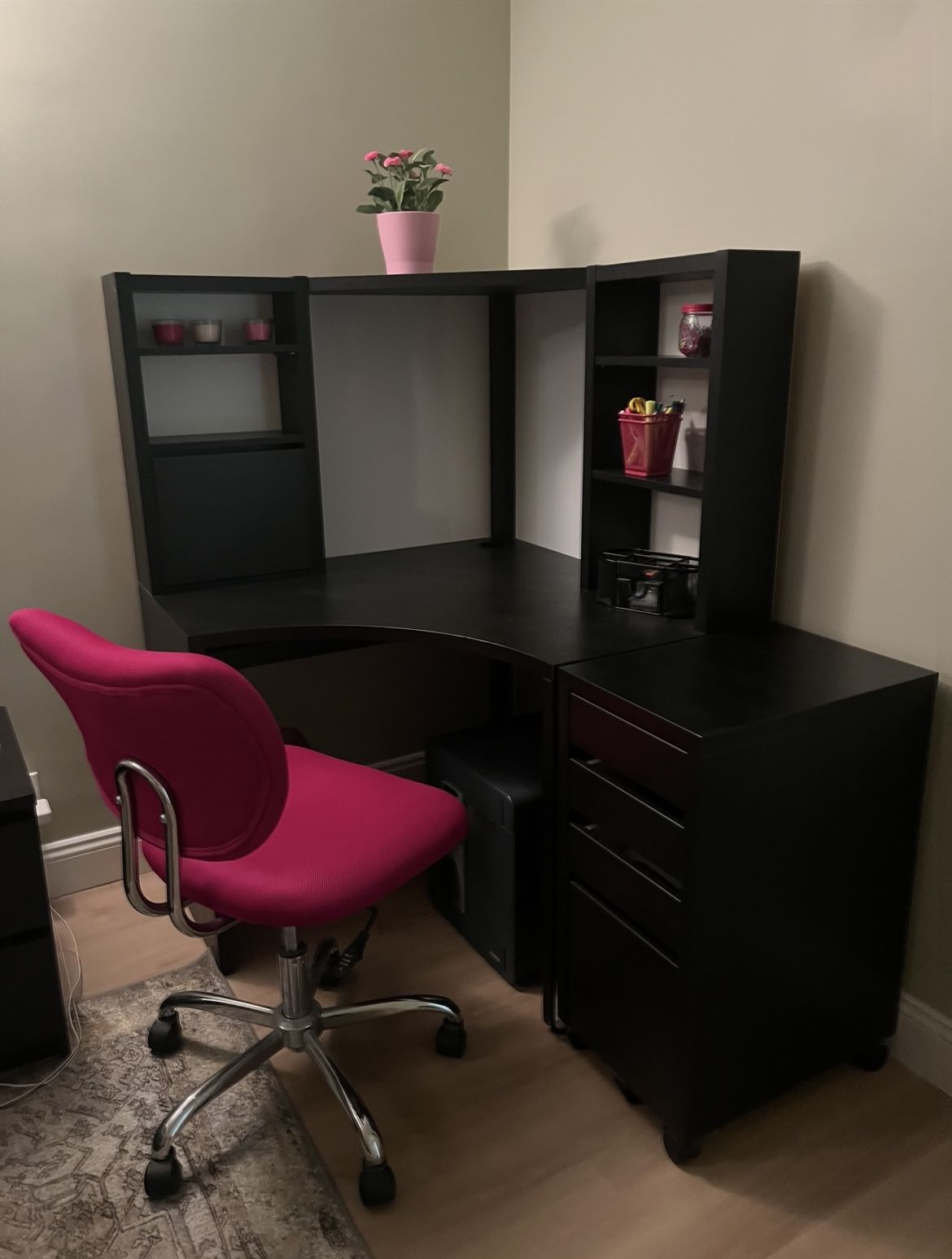 IKEA MICKE Corner Workstation + IKEA MICKE Drawer Unit/Drop-file + Pink CHAIR+ Pink TRASH