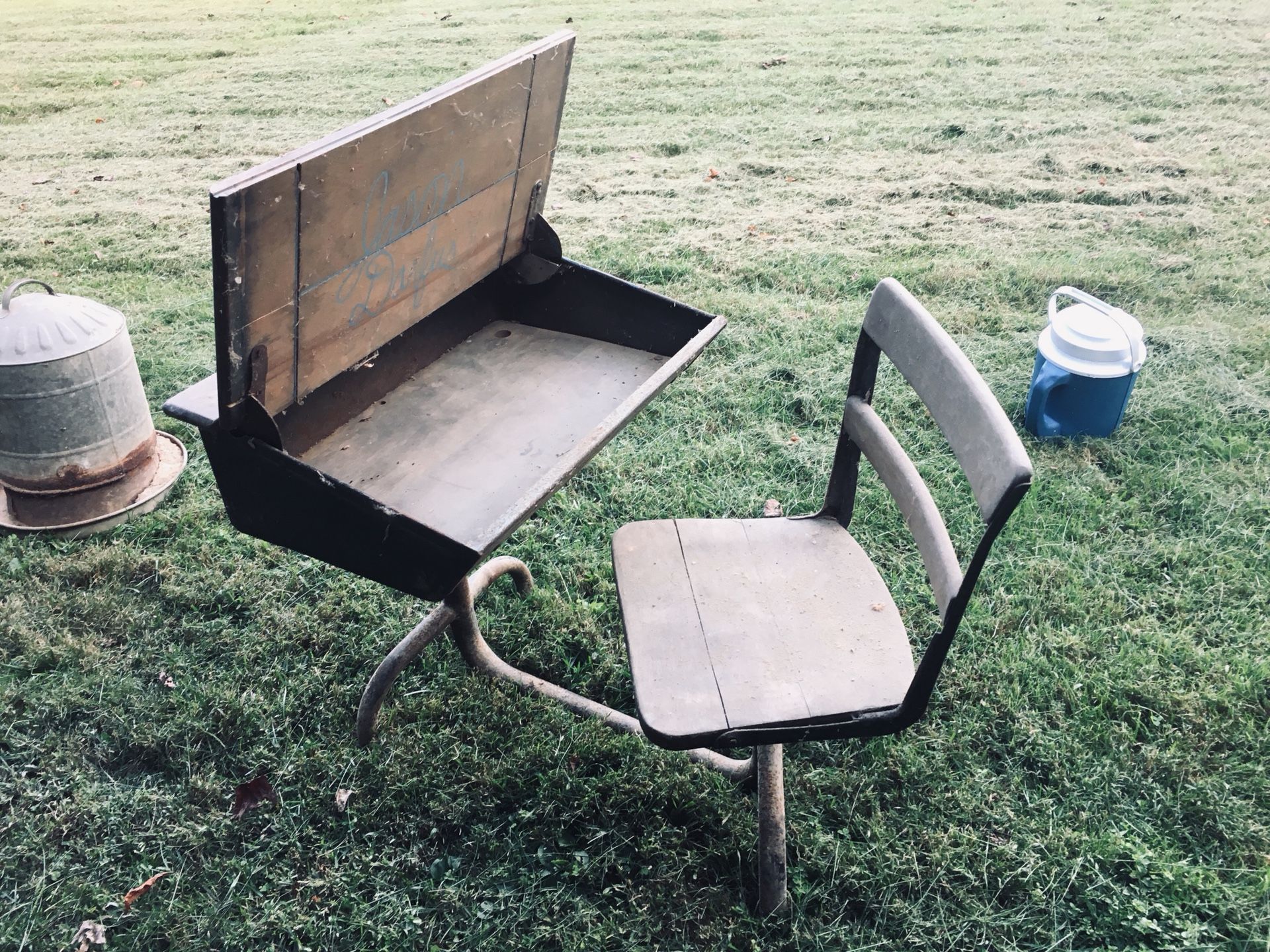 Antique school desk with swivel chair and open top desk