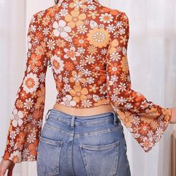 Floral Bell Sleeve Top - Orange