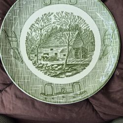 nThe product is a set of nine 9.25” dinner plates featuring a vintage Currier & Ives pattern, made of ceramic and originating from America. These roun