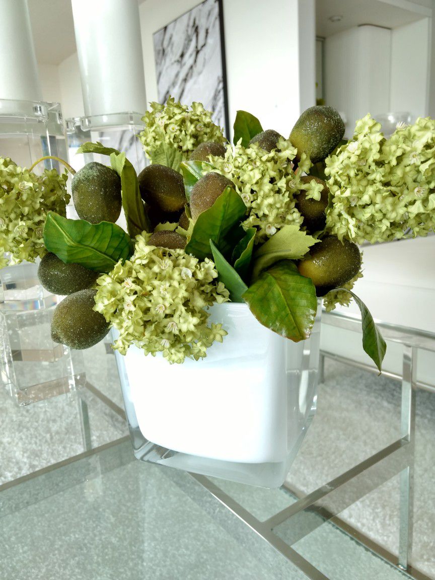 Small milk glass vase silk floral arrangement
