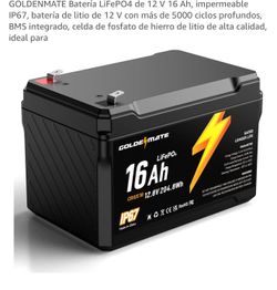 12V 16Ah LiFePO4 battery, IP67 waterproof, 12V lithium battery with more than 5000 deep cycles, integrated BMS, high quality lithium iron phosphate ce