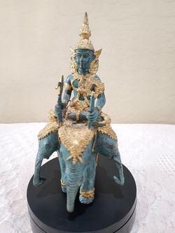 Bronze - Indra Riding Airavata / Erawan Three-headed Elephant Green Gold Bronze Statue Metal