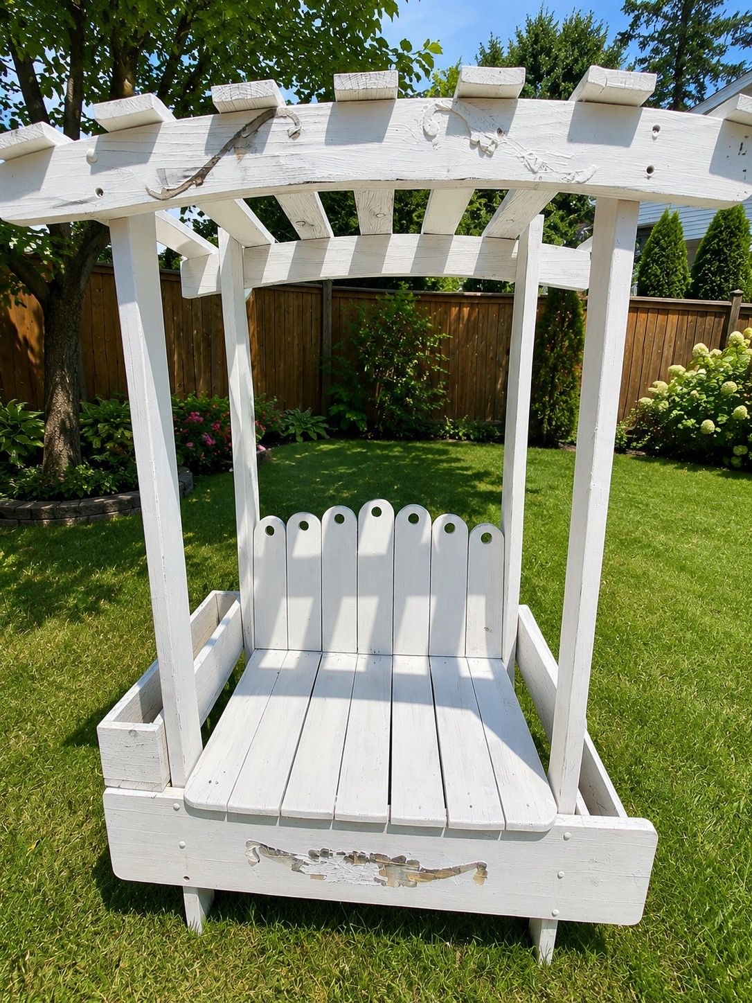 White wood garden bench pergola