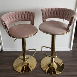Blush Velvet Bar Stools – Set of 2 | Gold Base | Adjustable & Swivel