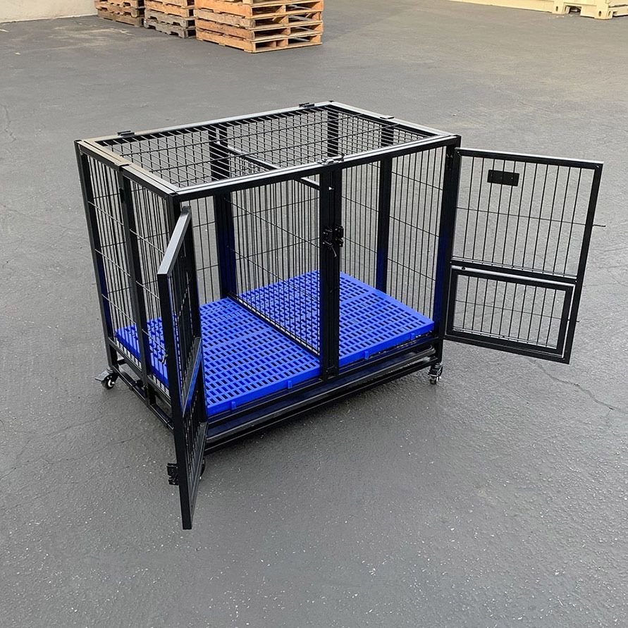 (NEW) $160 Heavy-Duty Dog Cage Crate 37x25x33” Double-Door Folding Kennel w/ Divider, Tray, Wheels