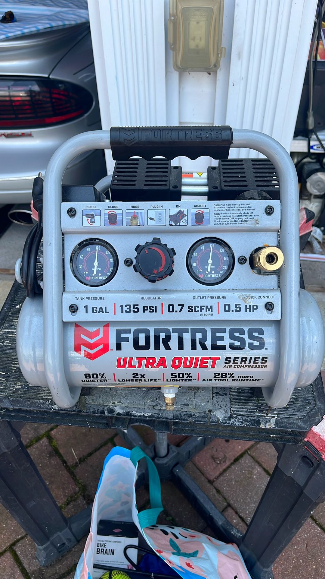 Fortress ultra quiet, 1 gallon 135 psi 1/2 hp air compressor