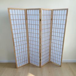 Modern 4-Panel Cloth and Wooden Room Divider Privacy Screen! Good condition, small holes on bottom see pics.  Each panel 17x70in