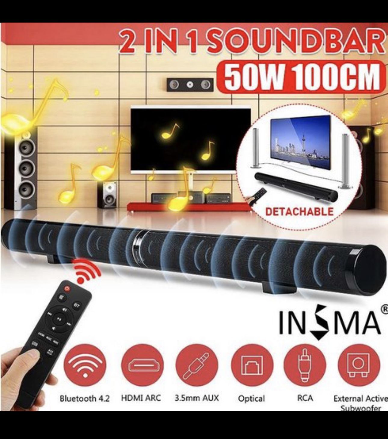 HiFi Detachable Wireless bluetooth Soundbar Speaker 3D Surround Stereo Subwoofer for TV