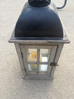Rustic Farmhouse Wood & Glass Candle Lantern – Black Metal Top